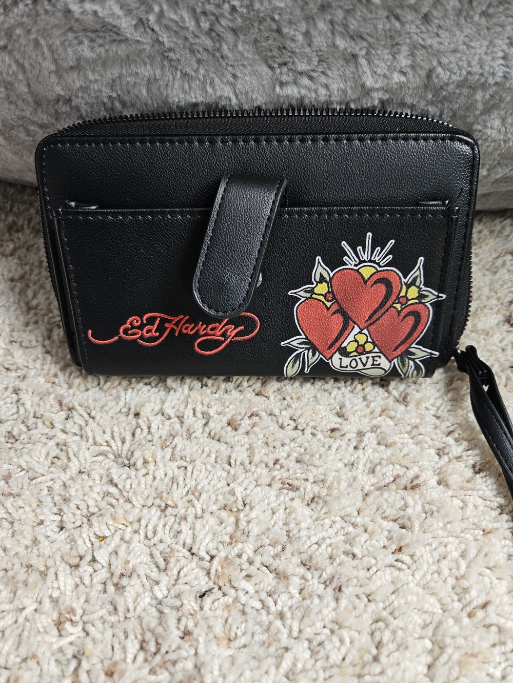 Ed Hardy Black Leather Wristlet Wallet with Red Heart Tattoo Motif